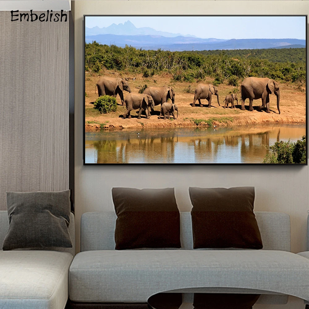 

1 Pieces Wild Animals Wall Pictures For Living Room Group Elephants On The Lake Home Decor Posters HD Print Canvas Oil Paintings