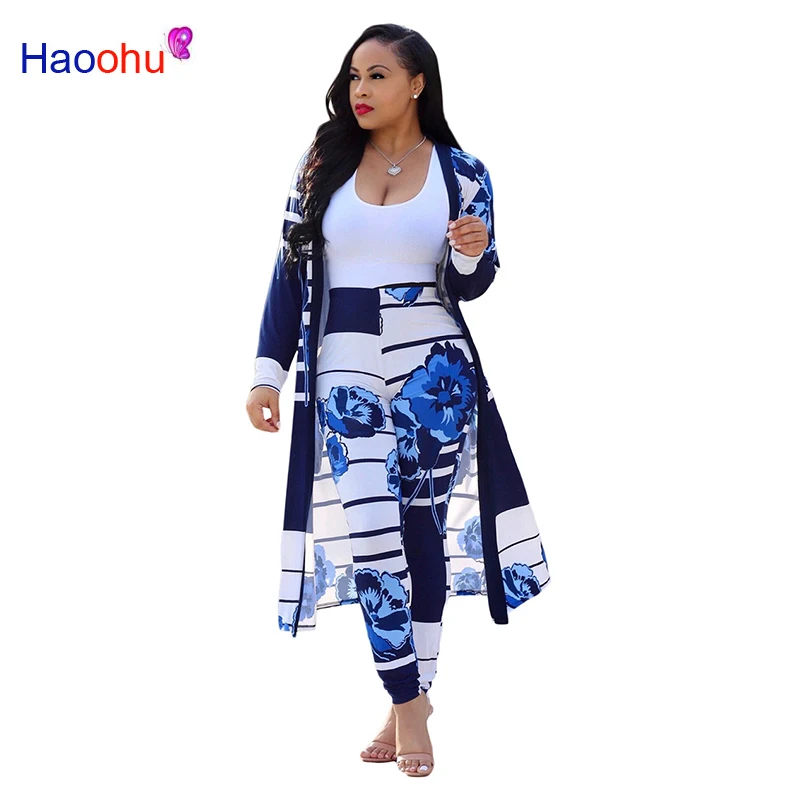 

HAOOHU Floral Print Sexy Two Piece Set Women Summer Full Sleeve Striped Maxi Open Stitch High Waist Long Trouser Outfit
