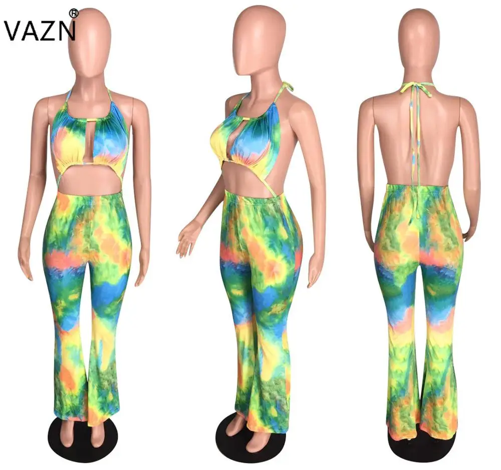 VAZN WYNZ8192 new product 2019 summer sexy lady green jumpsuit long pants halter backless jumnpsuit leopard |