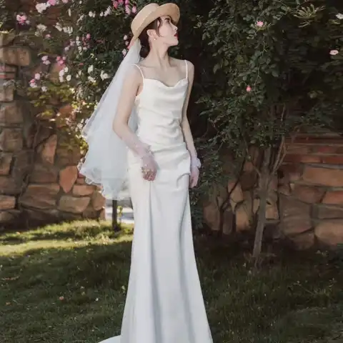 New simple white long lady girl women princess banquet party prom performance dance ball wedding bridal dress gown free ship
