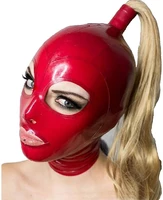 hot latex hood with blond pigtail back zipper rubber mask with golden wig hair cosplay head cover halloween costumes for women