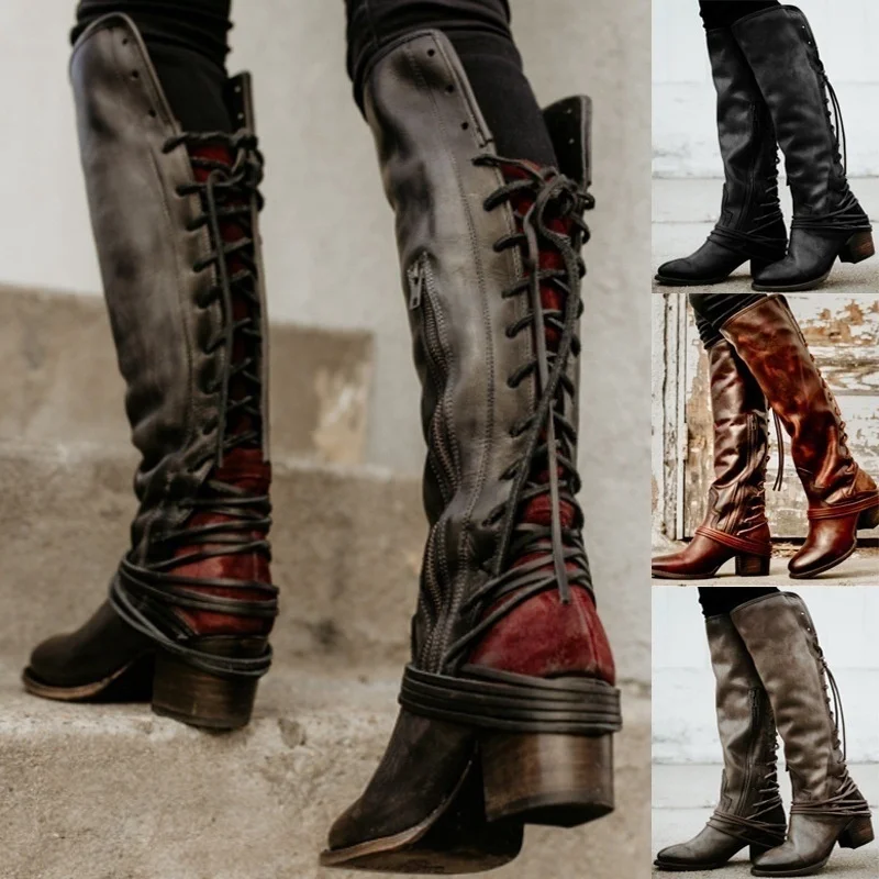 

Lady's Pointed Toe Chunky Heels Big Booties PU Leather Retro Side Zipper Back Strap Women's Over-the-Knee Large Cowboy Boots