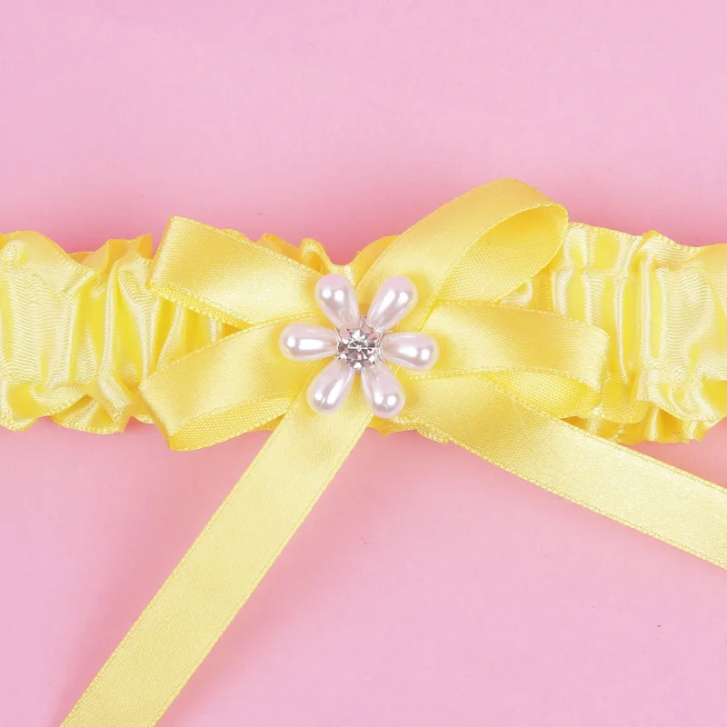 Yellow Single Bowknot Pearl Flower Rhinestone Bride's Garter Wedding Supplies Elastic Leg Ring | Женская одежда