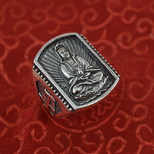 

Retro Ethnic Style Pure Silver Guanyin 999 Pure Silver Ring Men's Domineering Large Size Ring Personality Good Luck Silver Ring