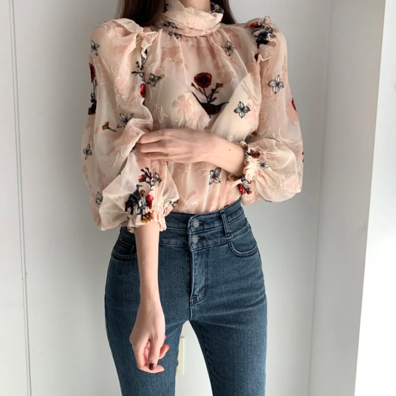Корейский женский цветочный принт JMPRS Весенняя полупрозрачная женская блузка с