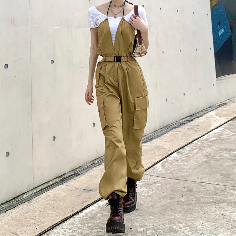 

Rockmore intage Halter Overalls Womens Cargo Pants Plus Size Belt Dungarees Wide Leg Pants Streetwear Pockets Trousers Joggers