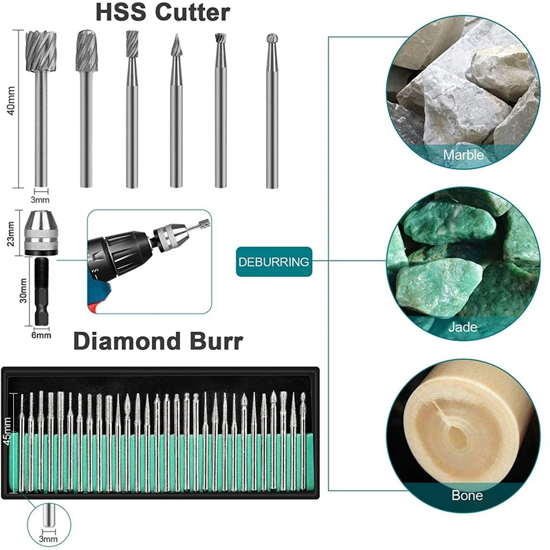 

147Pcs Rotary Tool Kit with Keyless Chuck,HSS Rotary File, Diamond Burr Bits,Cut-Off Wheels,HSS Cutting Disc