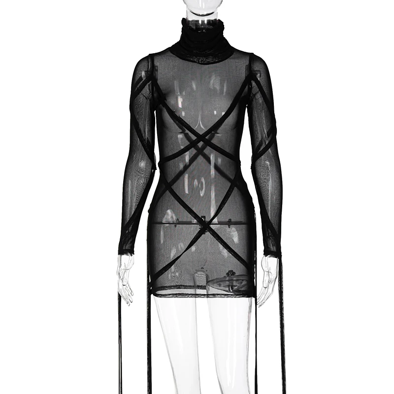 

Hugxitar 2021 Long Sleeve Mesh See-Through Bandage Sexy Mini Dress Summer Women Streetwear Outfits Y2K Chic Party Club Clothing