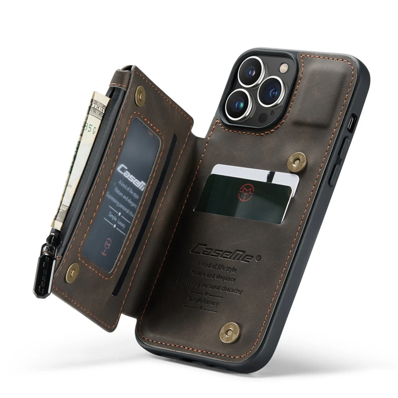 Lite Zipper Wallet Leather Phone Case For iPhone 13 12 11 Pro Max 7 8 Plus X XR XS Max Shockproof Card Slot Bracket Cover