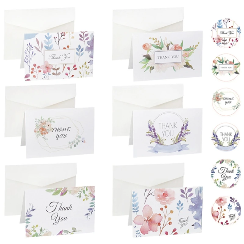 

90Sets Floral Thank You Greeting Card Kraft Paper Envelopes Seal Sticker Decor Dropshipping