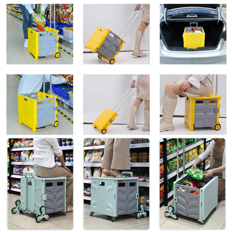 Caja de almacenamiento plegable, carrito de compras port&aacute;til, Maleta de equipaje, carrito multifuncional para el hogar, cesta de compras de supermercado-4