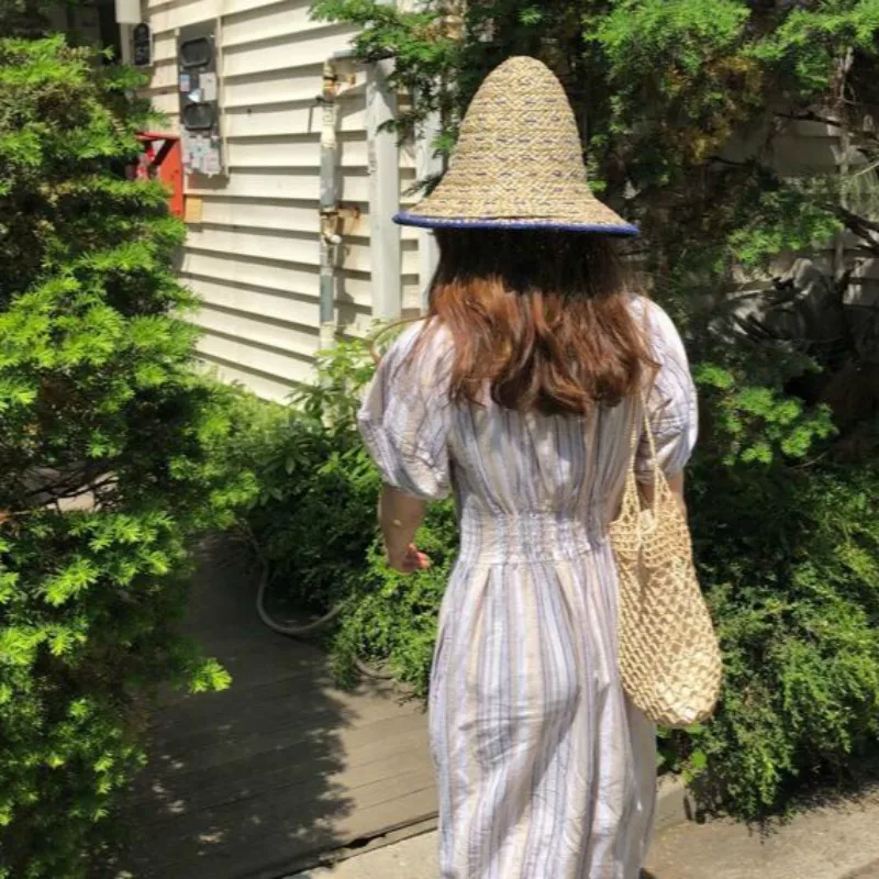 

Summer Long Women Cotton Linen Striped Dress A-line Slim Waist Vestidos Split Casual Robe Femme Sukienki Jurken Sundress