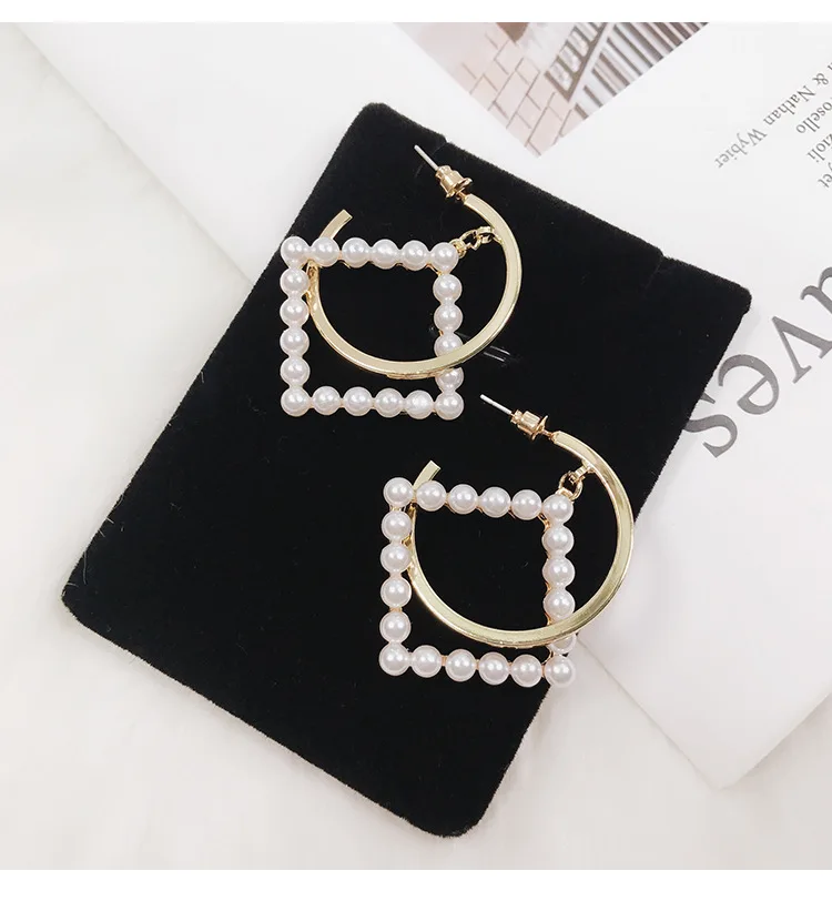 HUANZHI 2019 Новые золотые серьги из металла в форме буквы "С" с жемчугом и геометрическим украшением для женщин девушек