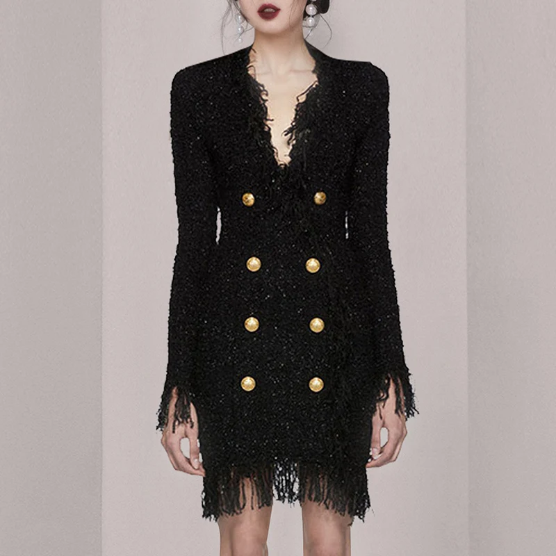 

Женское твидовое двубортное платье, черное винтажное платье мини с бахромой, глубоким V-образным вырезом и золотыми пуговицами, 2021