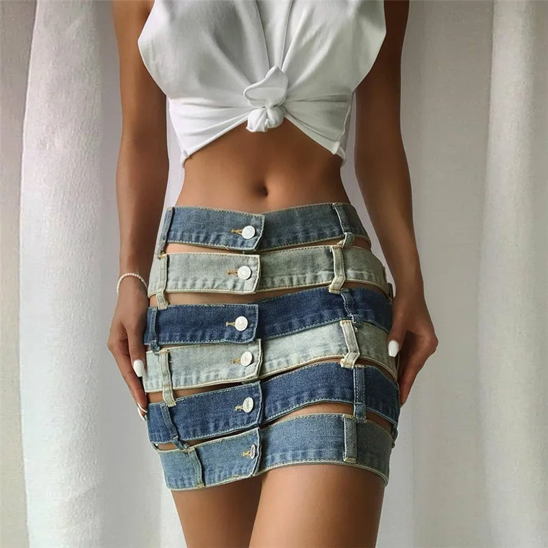 

High Quality Summer 2021 New Women's Denim Skirt Sexy Cut Out High Wasit Jeans Skirt Female A-line Pencil Skirts for Party Night