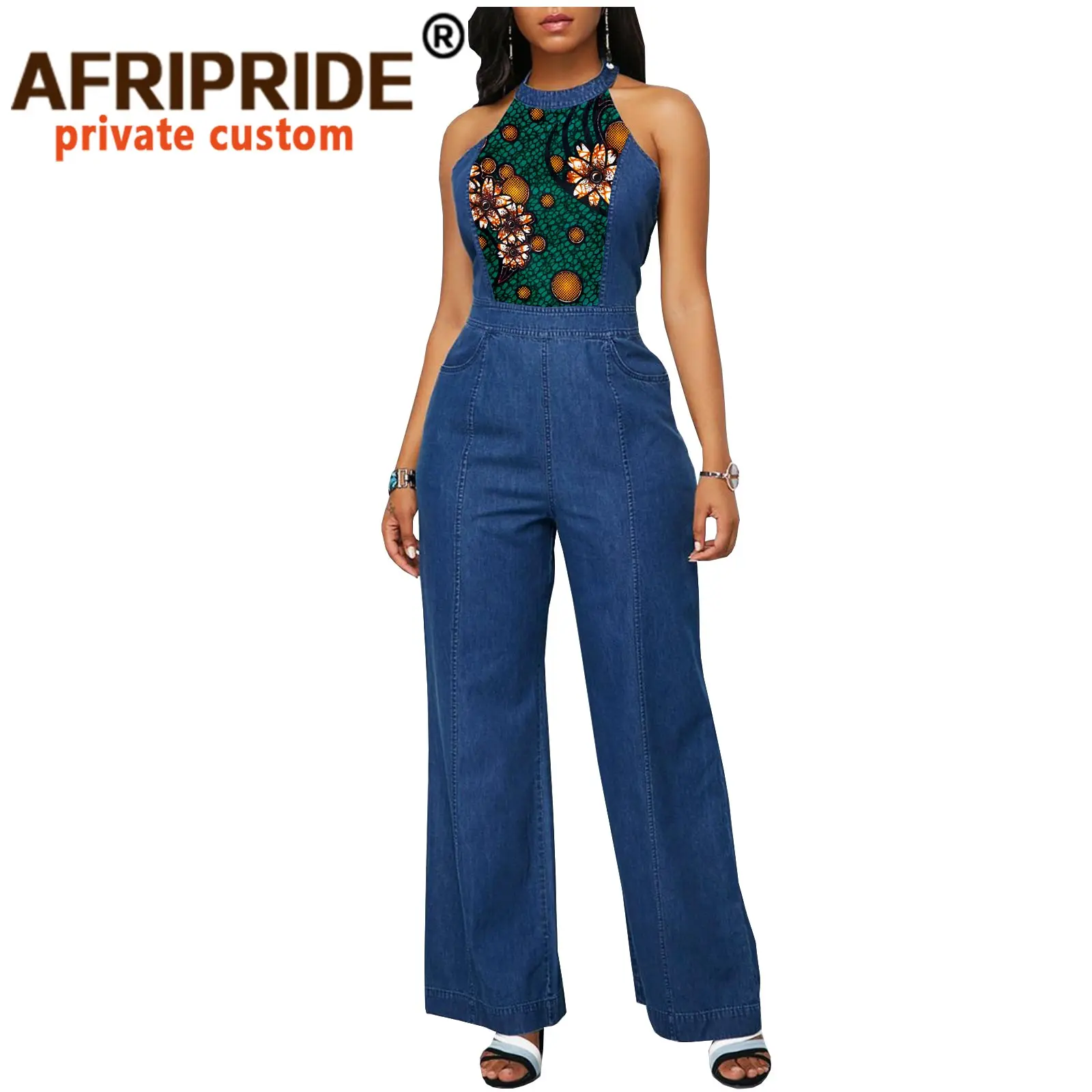 Jumpsuit for Women Ankara&Denim Combination Sleeveless O-Neck Zipper Closure Long Playsuit for Women A2129001