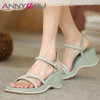 annymoli shoes women real leather sandals wedges high heel sandals string bead square toe ladies footwear summer green 33 43