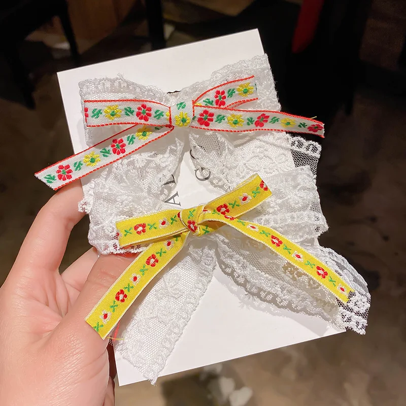 

New spring embroidery flower girl lace bow hairpin Korean hairpin net red headwear