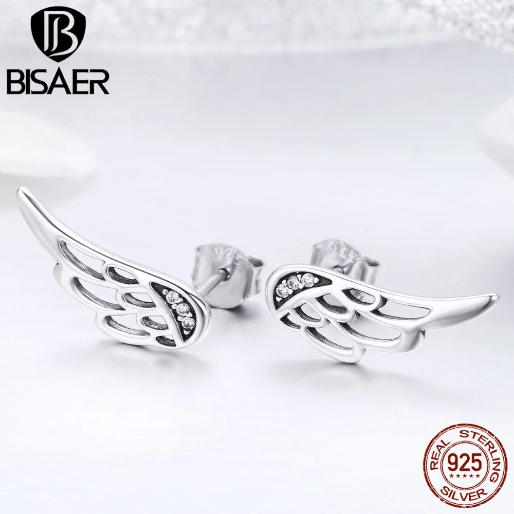 BISAER, Оригинальные 925 пробы, серебряные, летающие крылья, ажурные, минималистичные серьги-гвоздики для женщин, бренд, ювелирные изделия GXE343