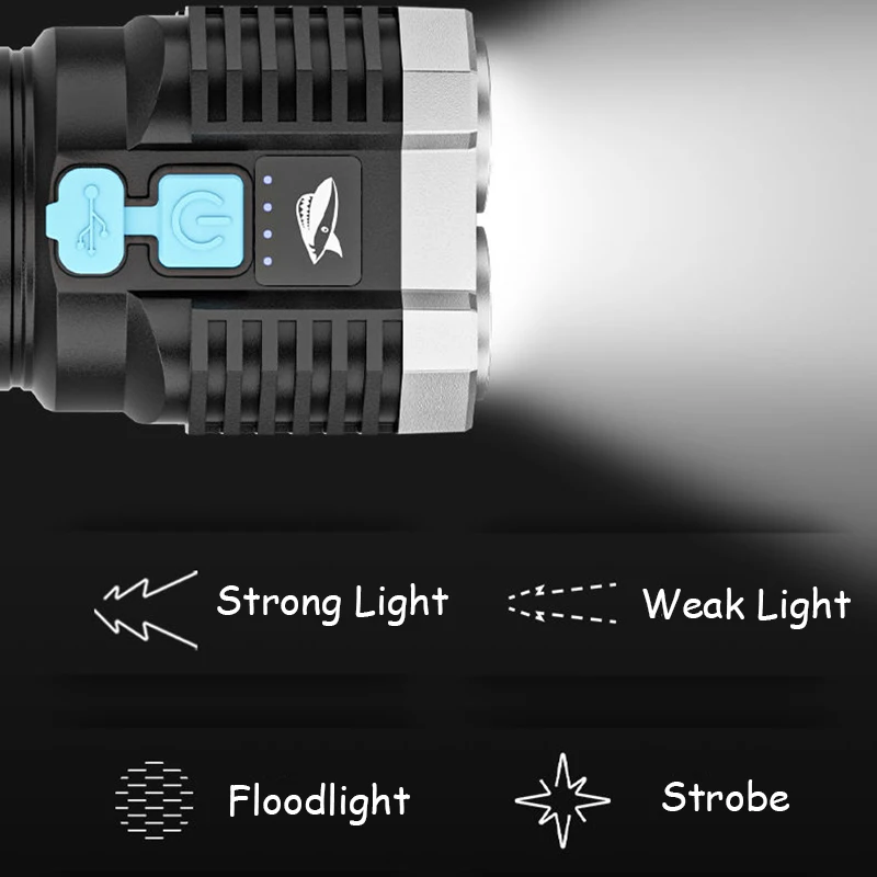 Мощный перезаряжаемый через USB фонарик 4 светодиодных лампы с босветильник