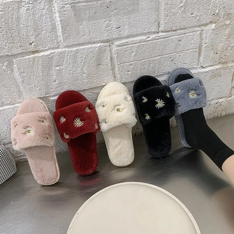 Fashion New Plush Slippers Female Autumn and Winter Girly Style Cute Indoor Home Household Plush Open Cotton Slippers