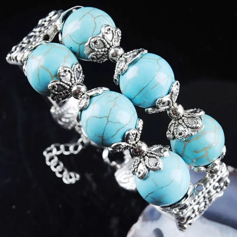 

Tibetan Vintage Bracelets&Bangles Natural Blue Turquoises Natural Stone Round Bead Women Bangle Jewelry PZ066
