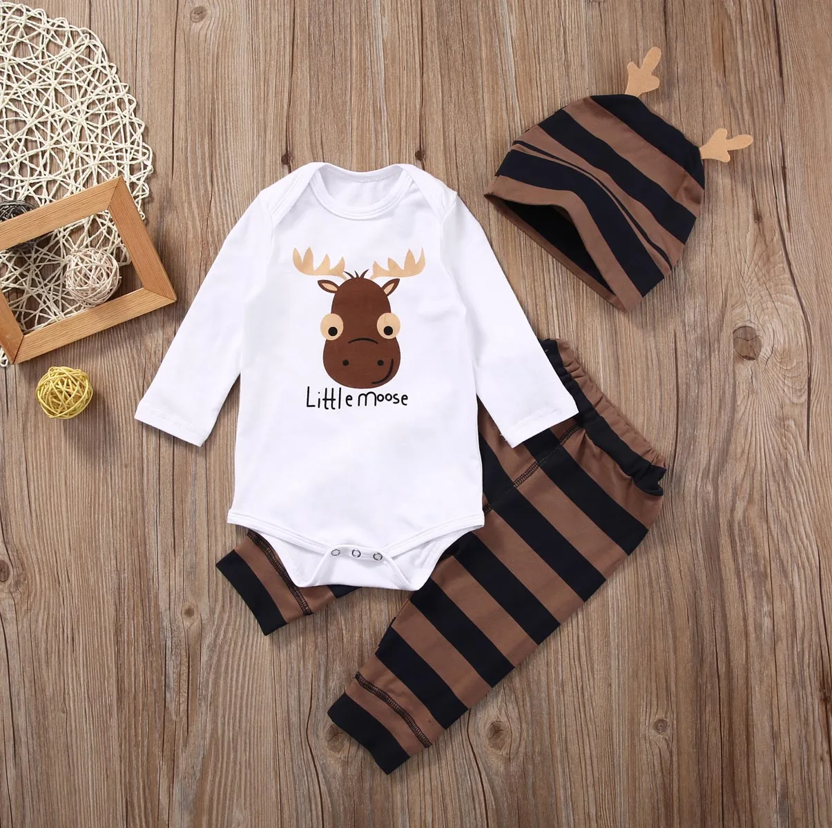 3PCS Set Newborn Baby Girl Boy long sleeve o-neck ox cow head Romper +striped Pants +Hat Outfits Clothes 0-18M | Детская одежда и