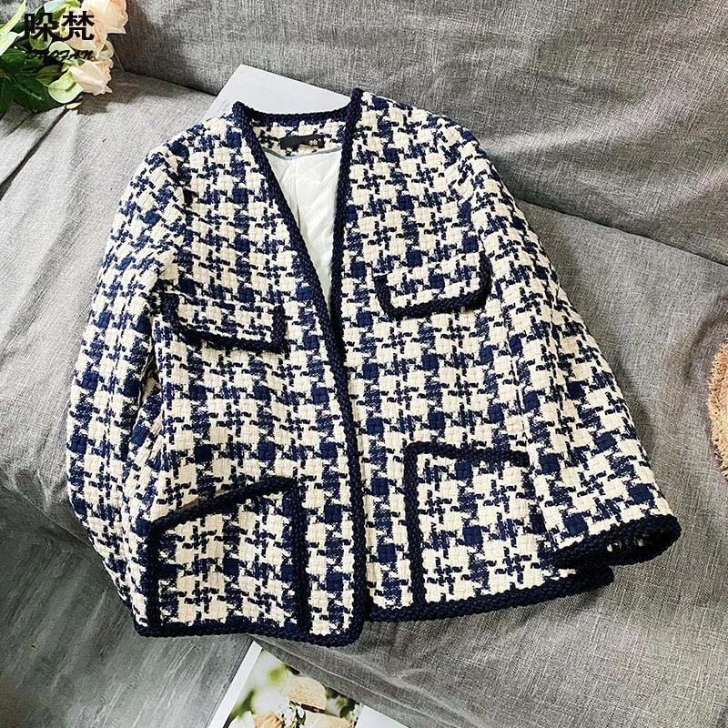 

DUOFAN Jackets For Women 2021 V Neck Bird Lattice Large Pockets French Style Elegant Slim Fit Coat Streetwear Female Clothing