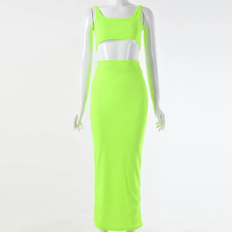 Neon Yellow Nadafair, вязанное, миди, облегающее, летнее платье, для женщин,, открытая спина, Клубное, сексуальное, длинное, вечерние, два предмета, наборы для женщин - Цвет: Neon Yellow