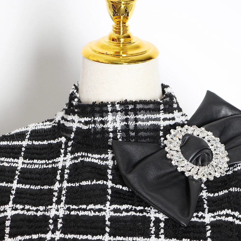 Лоскутные с бантом из искусственной кожи клетчатые блузки со стоячим воротником