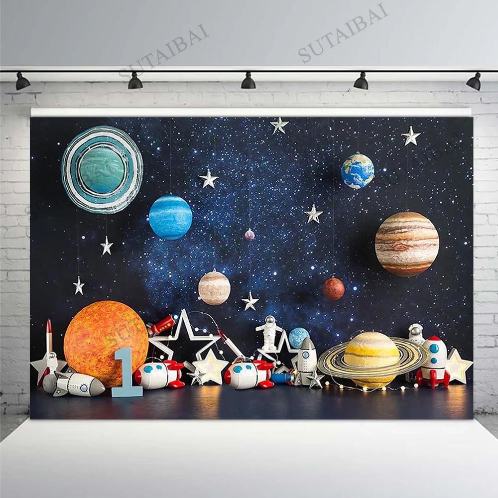 

Universe Space Photography Backdrops Boy Baby 1st Birthday Party Decor Astronaut Starry Sky Planet Rocket Background Photo Studi