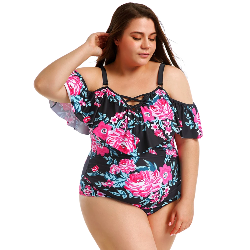 2020 размера плюс купальник Танкини набор листьев лотоса рюшами Большой размер два