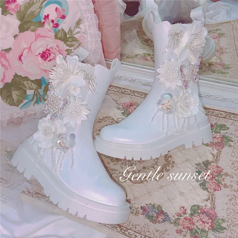 

Womens Round Toe Flowers Rhinestones Tassels Pearls Ankle Boots Platform Chunky Heel Shoes Lolita Sweet Lace Girls X-mas Gift