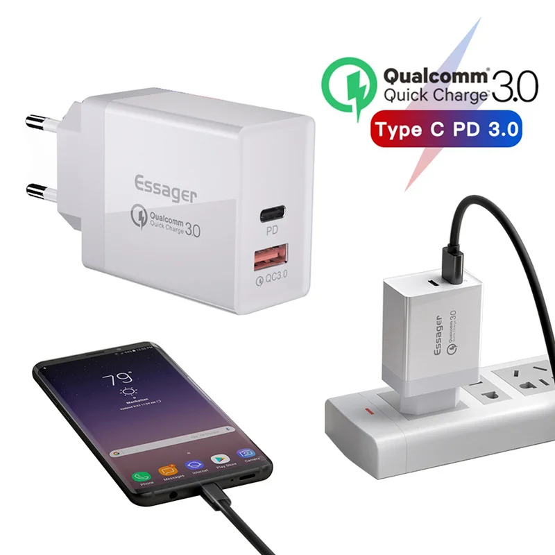 Essager 36 Вт QC3.0 QC type C PD Plug Turbo Быстрая зарядка настенное зарядное устройство для