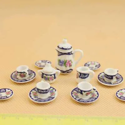 Небесно-голубой Ручная работа, винтажный 1:12, миниатюрный керамический чайный сервиз, лесные животные, мебель для семьи, игрушки для девочек, подарок для детей - Цвет: Небесно-голубой