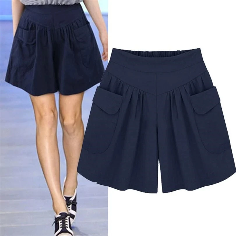 

ECTIC 2021 Casual Shorts Women Summer Elastic Waist Short Pants Loose Black Navy Soft Cotton Femme Street Plus Size Shorts 5XL