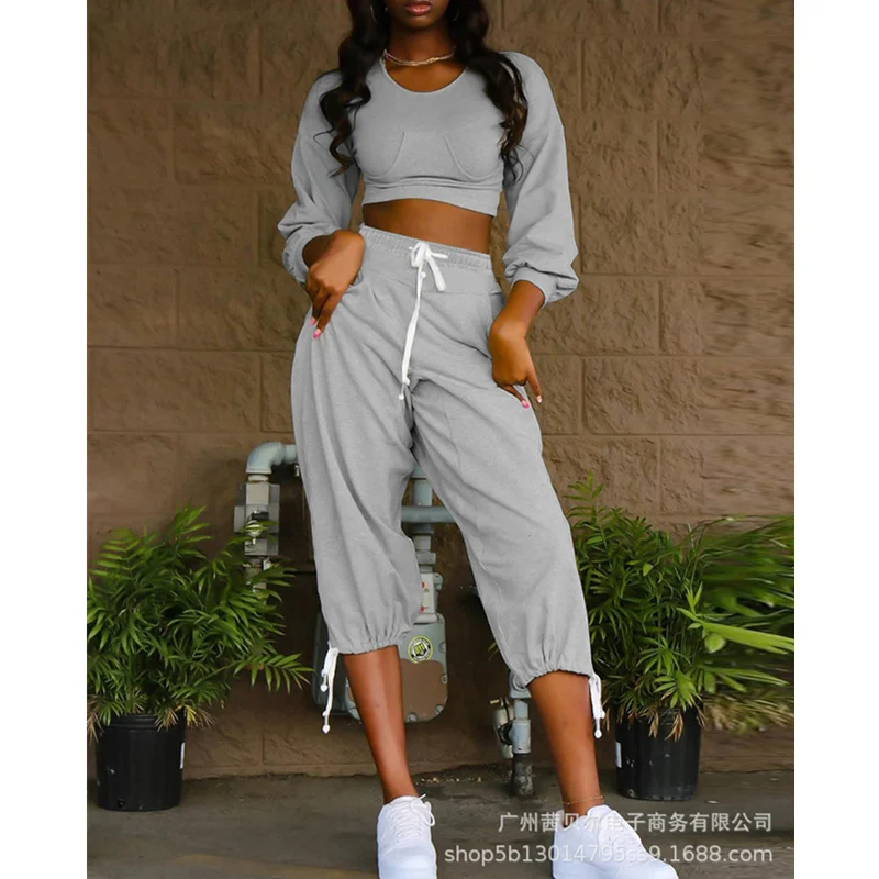 

WEPBEL Women's Elegant Tracksuit Pants Set Ladies Autumn Sport Crop Top + Drawstring High Waist Straight Pants Two Piece Set