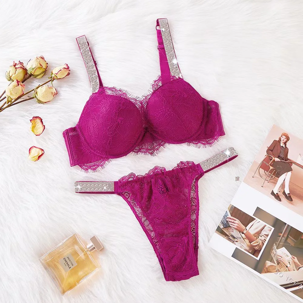 Sexy Women Lace 2Pcs Push Up Solid Bra Set Rhinestones Letter Two Pieces Intimate Suit Elegant Ladies Lingerie Underwear