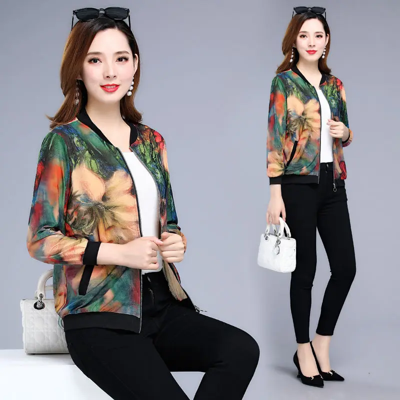 Женская куртка-бомбер с цветочным принтом на молнии в стиле ретро весна 2019 летняя