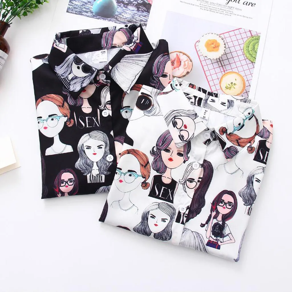 

Blouse Women Fashion Long Sleeve Vintage Print Korean Shirt Casual Loose Blouse With Button Lapel Shirt Streetwear #rn