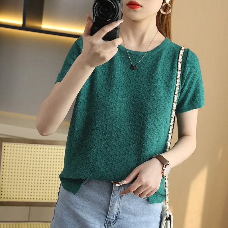 

Short women sweaters 2022 fashoion casual solid color loose top women pullovers knitted round neck short-sleeve women clothing