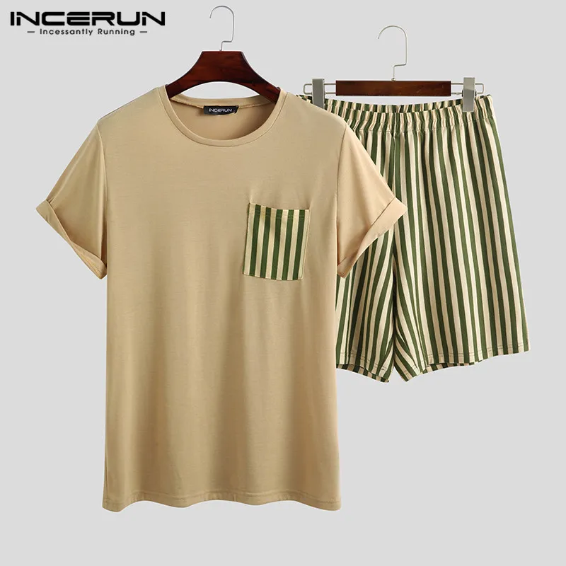 

INCERUN Mens Leisure Pajamas Sets Striped Short Sleeve Patchwork Blouse Casual Shorts Homewear Suits Men Comfortable Nightwear