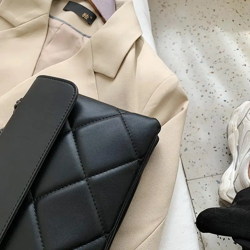 

PU Leather Shoulder Crossbody Bags For Women 2021 Designer High Quality Plaid Handbags Fashion Chain Design Simple Flap Bags