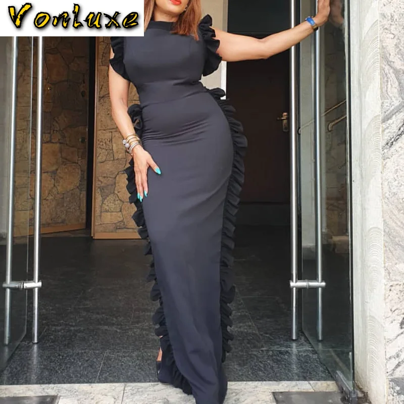 Элегантное длинное красное черное платье с оборками в африканском стиле