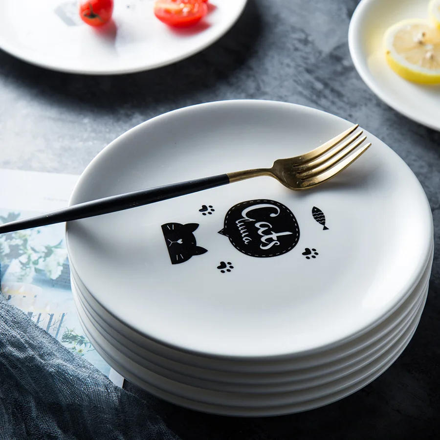 20 см мультяшная круглая керамическая тарелка Милая Черная кошка глазурованная