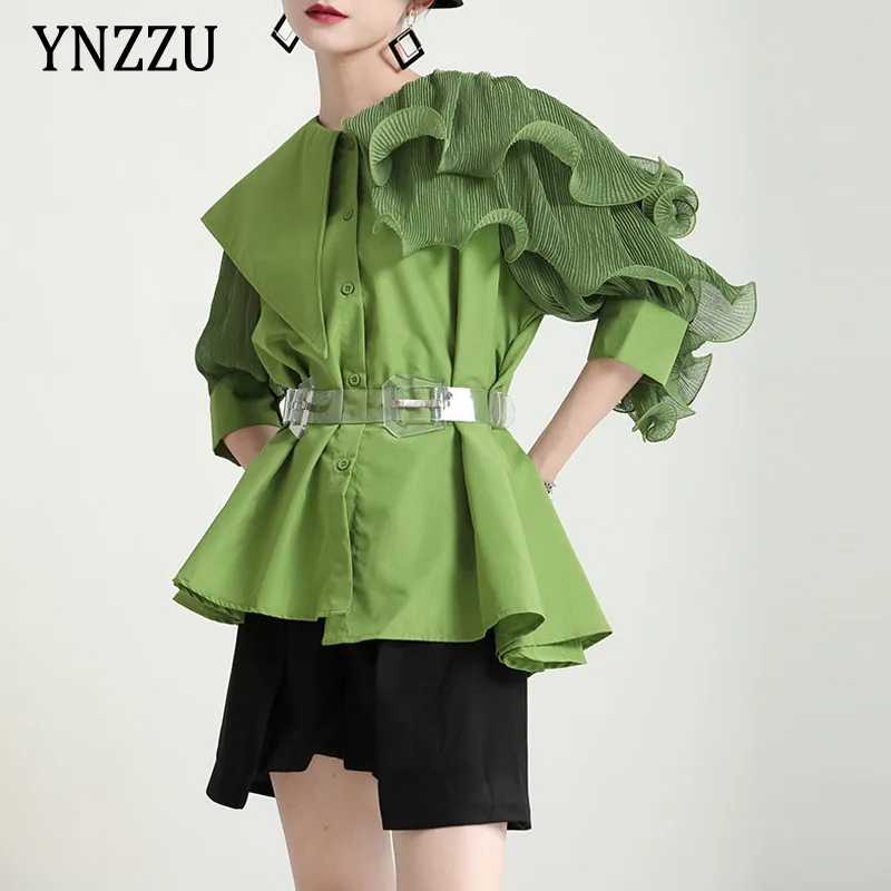 

Женская Асимметричная плиссированная блузка в стиле пэчворк с поясом, новинка 2021, модная Свободная рубашка на пуговицах, женские топы с оборками, высокое качество 1T130