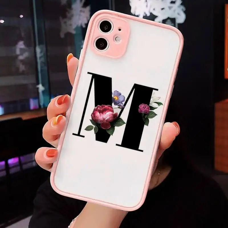

Letter Floral Fundas Phone Case Matte transparent For Pink iPhone 12 Mini 11 Pro XR XS Max 7 8 Plus X Back Cover