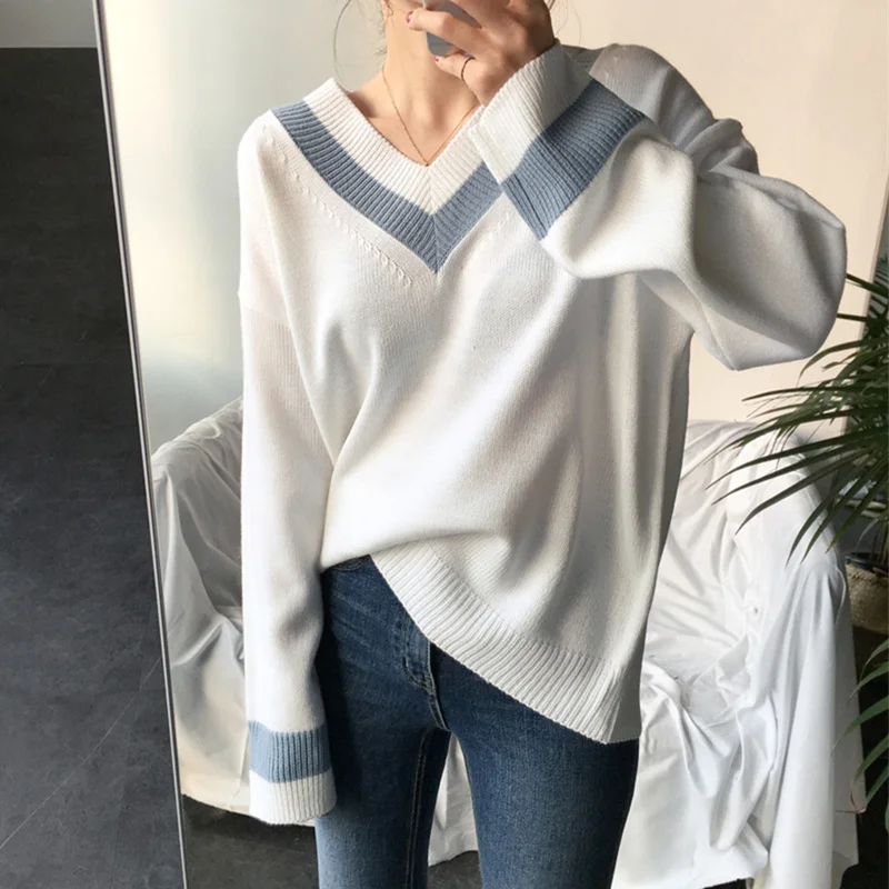Spring White V-neck Sweater Chic Korean Pullover 2022 Autumn Winter Women's Sweaters New Casual Basic Female Jumpers All-match | Женская