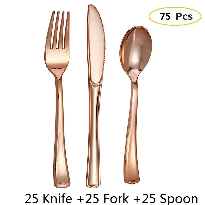 Rose Gold Cutlery 25 шт., розовое золото, пластиковые тарелки, кружевной дизайн, Свадебная вечеринка, пластиковая тарелка, одноразовая посуда, чашки, десерт, закуска, день рождения - Цвет: Rose Gold Cutlery