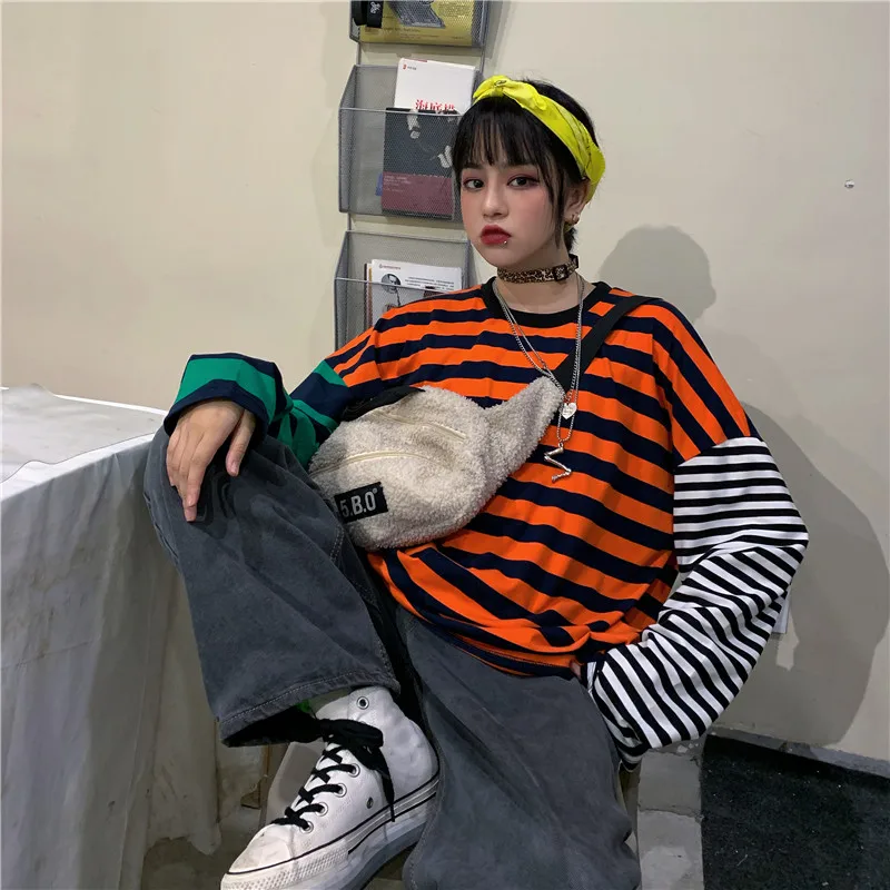 Woherb негабаритных хлопковая футболка с длинным рукавом в полоску принтом виде